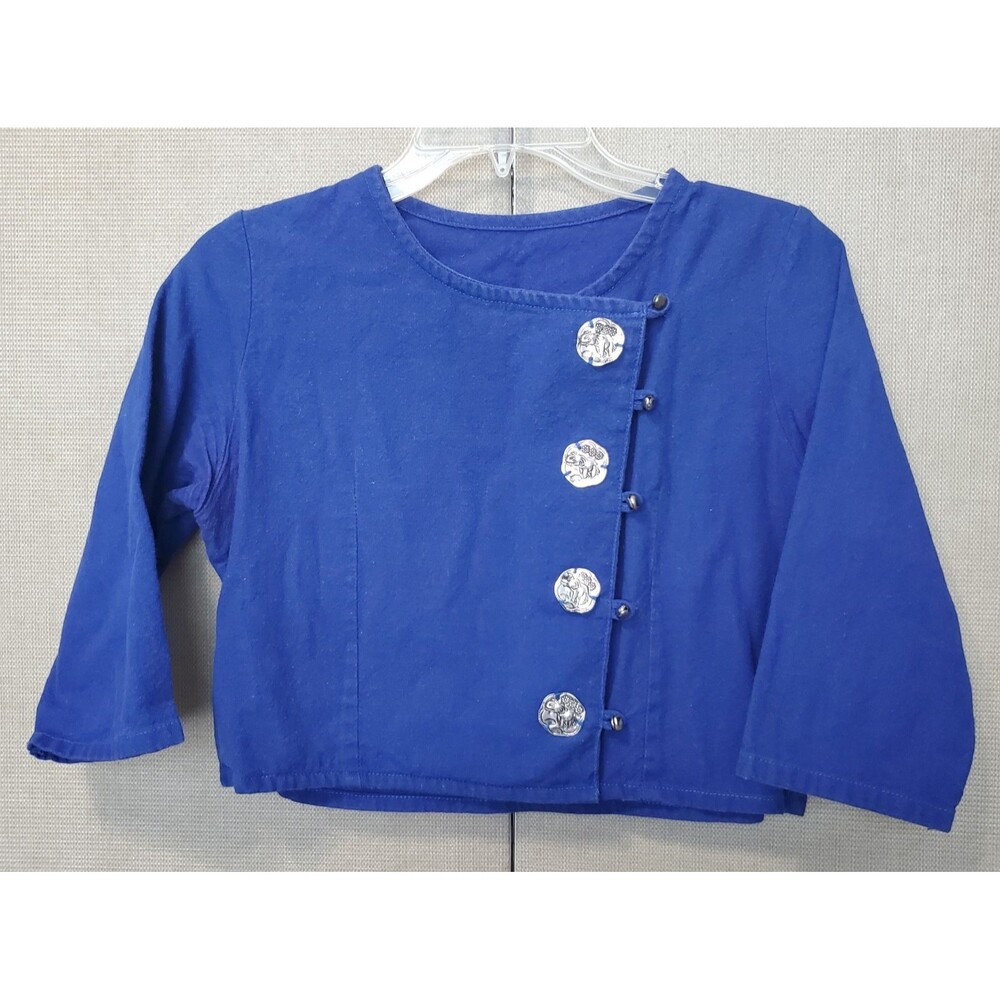 Handmade Thailand Kid's Blue Button-Up Shirt with Silver Elephant Accent Youth M